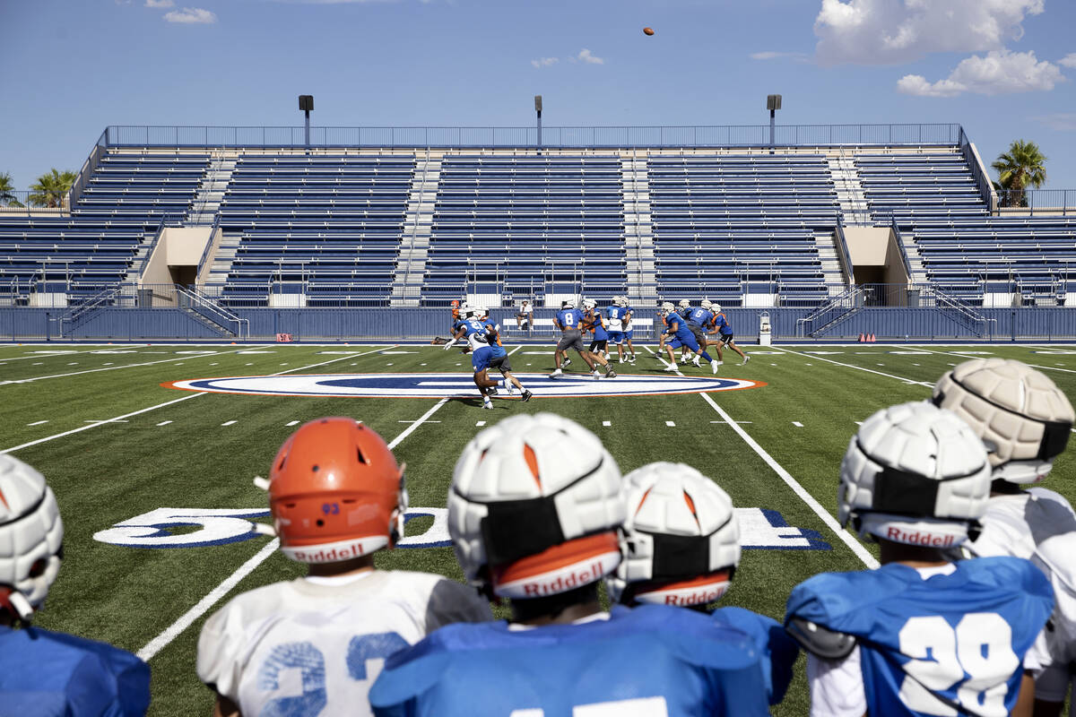 Bishop Gorman runs offensive drills during football practice at Bishop Gorman High School on We ...