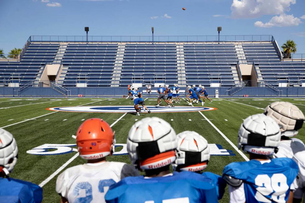 Bishop Gorman runs offensive drills during football practice at Bishop Gorman High School on We ...