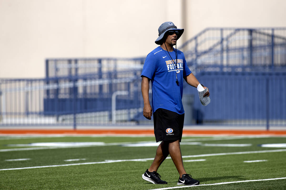 Bishop Gorman head coach Brent Browner paces the field during football practice at Bishop Gorma ...