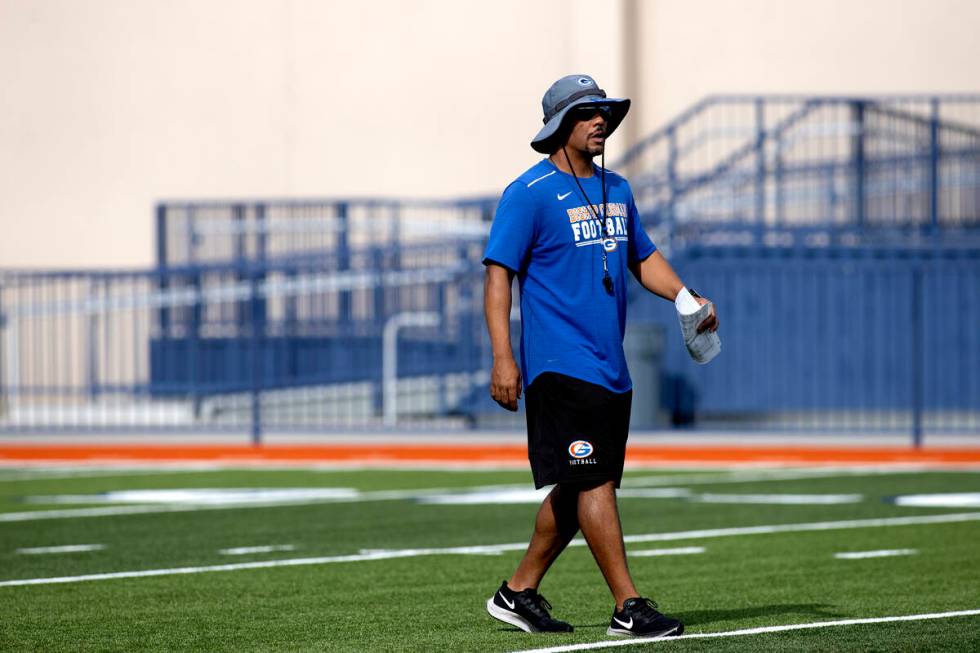 Bishop Gorman head coach Brent Browner paces the field during football practice at Bishop Gorma ...