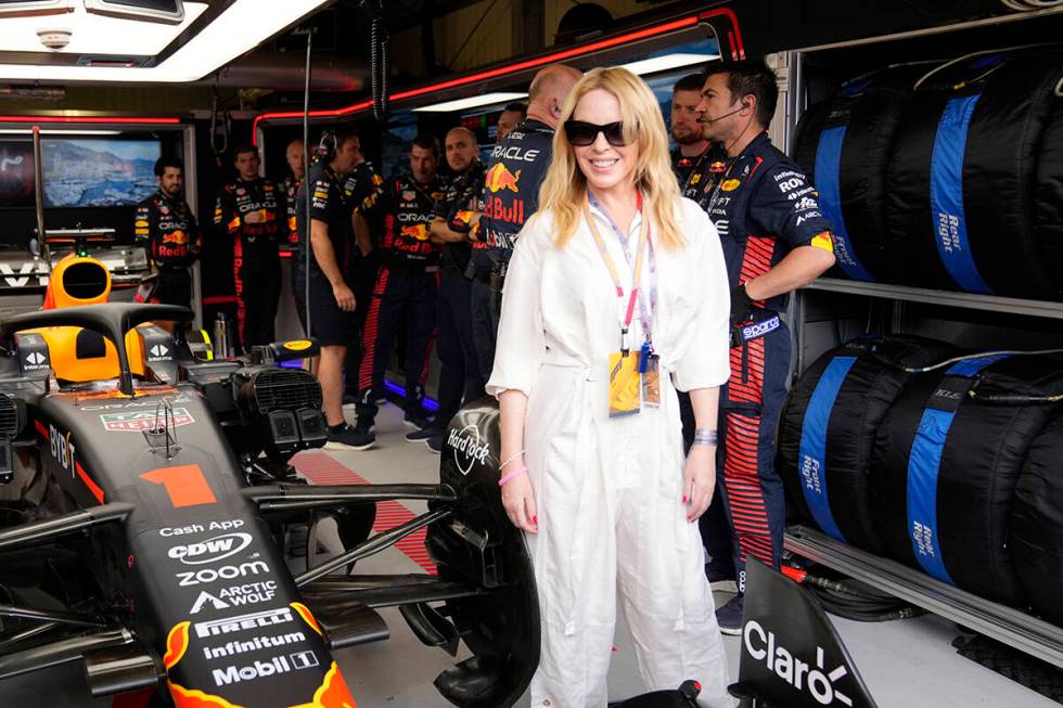 Australian singer Kylie Minogue stands in the Red Bull garage prior to the Monaco Formula One G ...