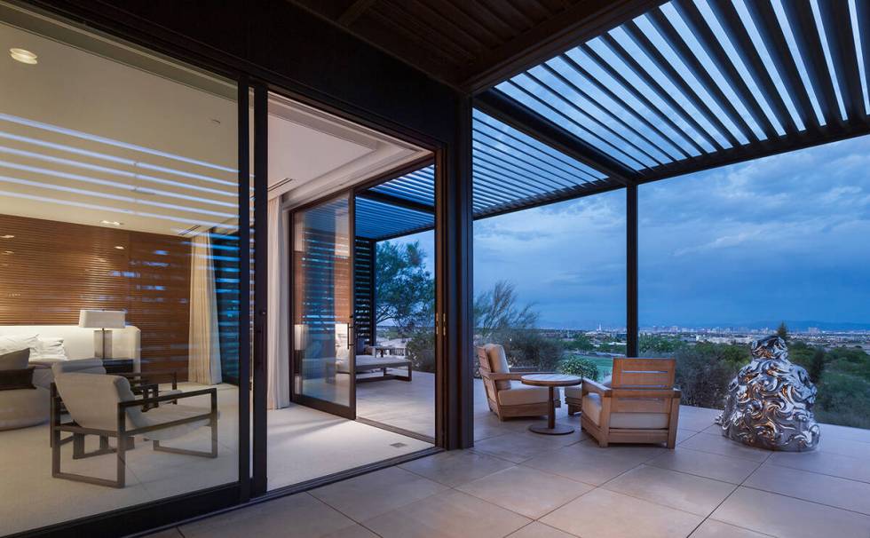 The master bedroom opens to an outdoor seating area with views of the Strip. (IS Luxury)