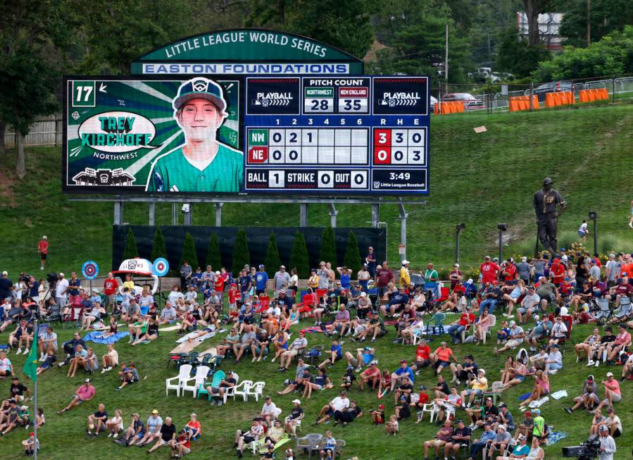 Fans watch a baseball game on the hillside overlooking Howard J. Lamade Stadium during the Litt ...