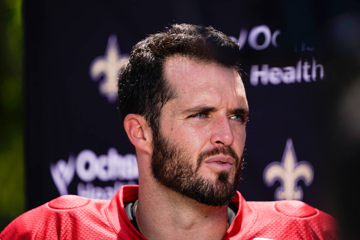 New Orleans Saints quarterback Derek Carr speaks in a press conference after a joint NFL footba ...