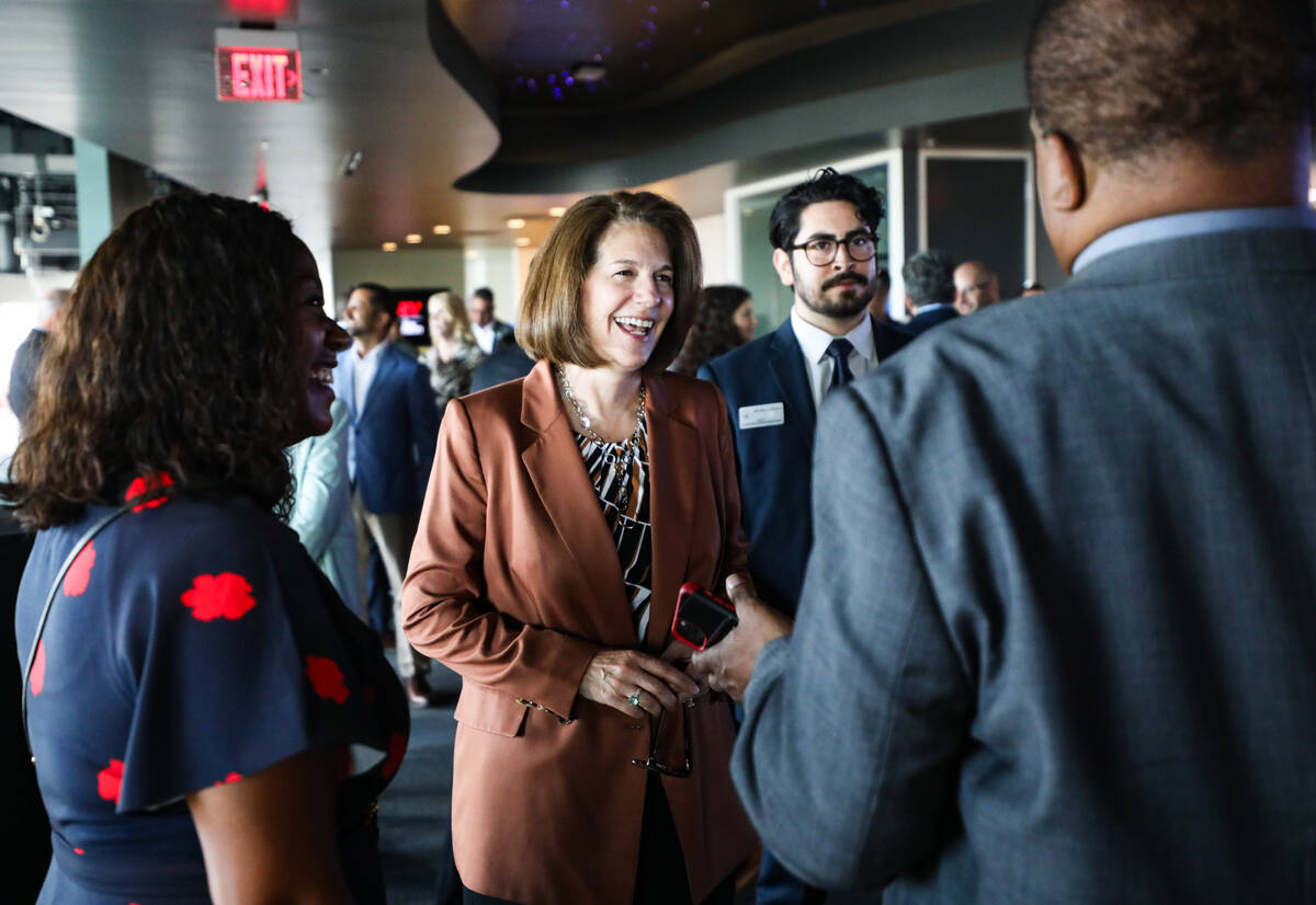 Sen. Catherine Cortez Masto, D-Nev., greets guests at an unveiling event for Vegas’ firs ...