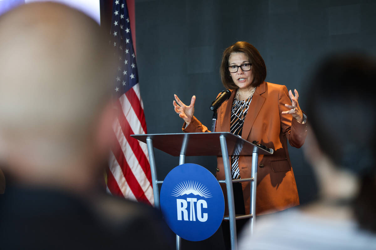 Sen. Catherine Cortez Masto, D-Nev., addresses the media and guests at an unveiling event for V ...