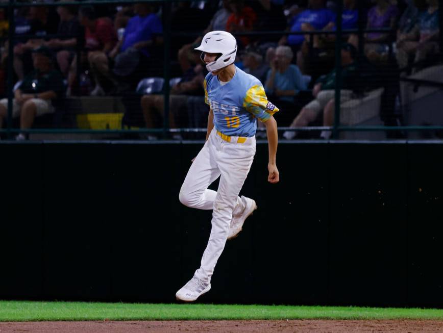 El Segundo California All-Stars first baseman Louis Lappe celebrates after hitting a homer agai ...