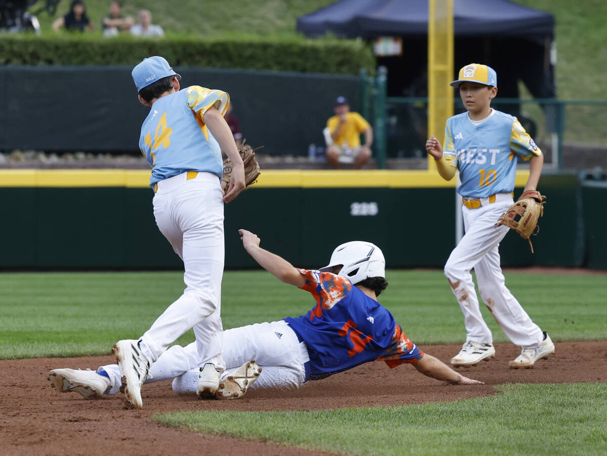 New Albany All-Stars pitcher Kevin Klingerman slides at second and avoids a tag from El Segundo ...