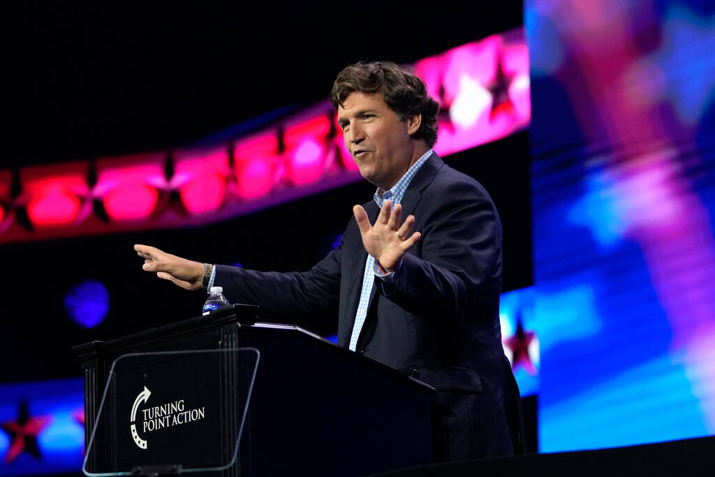 Tucker Carlson speaks at the Turning Point Action conference Saturday, July 15, 2023, in West P ...