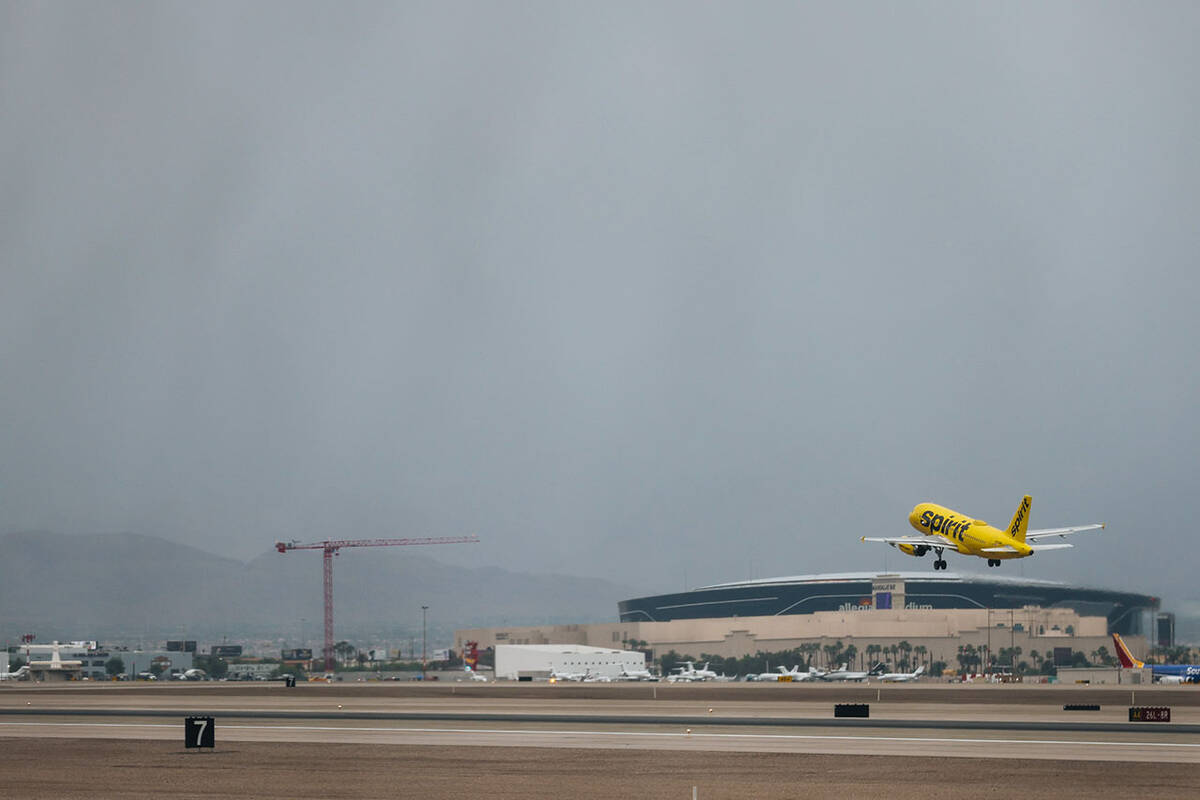 An airplane takes off from Harry Reid International Airport on Saturday, August 19, 2023, in La ...
