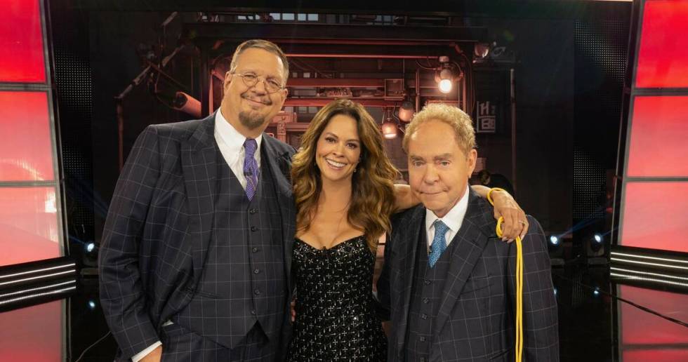 Penn Jillette, Brooke Burke and Teller are shown on the Rio set of "Penn & Teller: Fool Us." (P ...