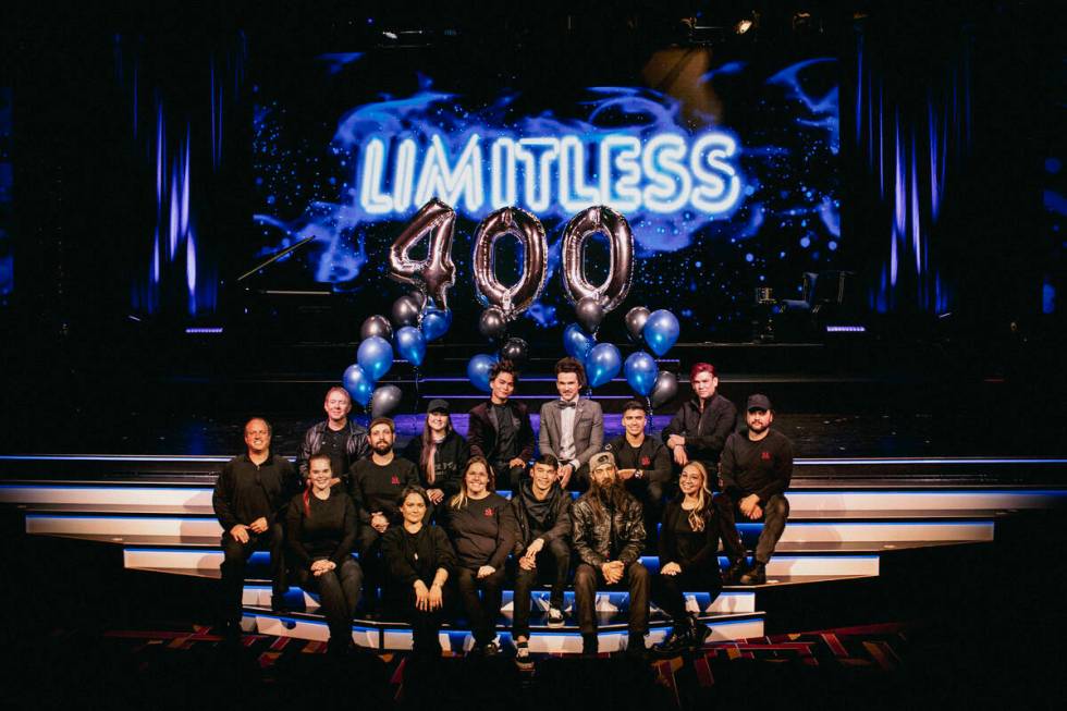 Shin Lim and Colin Cloud are shown with the crew of "Limitless," celebrating the show's 400th p ...