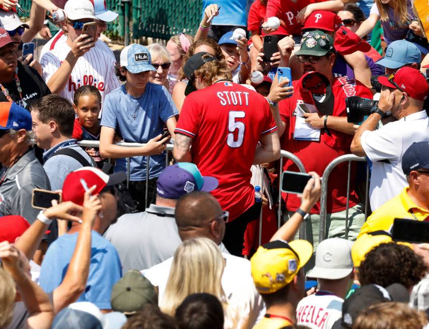 Las Vegas natives Bryson Stott of the Phillies signs autographs for fans at Howard J. Lamade St ...