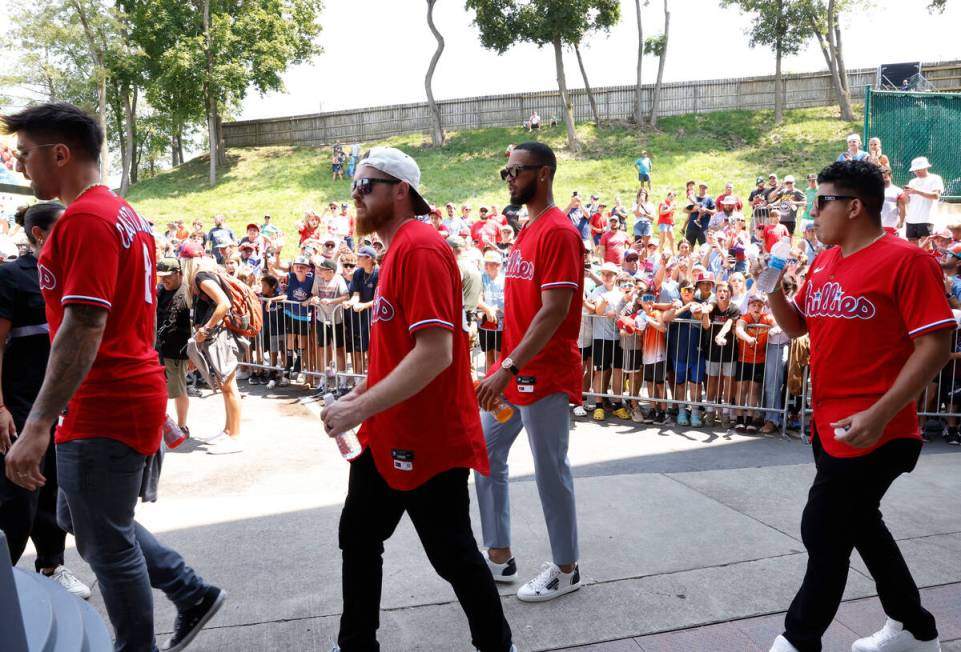 Phillies players arrive at Howard J. Lamade Stadium during the Little League World Series in So ...