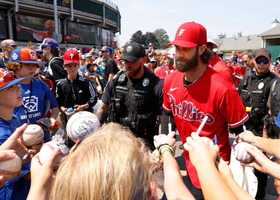 Las Vegas natives Bryce Harper of the Phillies arrives at Howard J. Lamade Stadium to sign auto ...