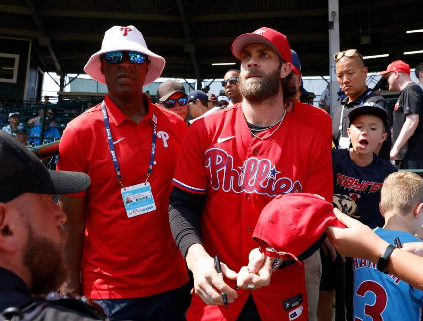 Las Vegas natives Bryce Harper of the Phillies arrives at Howard J. Lamade Stadium to sign auto ...