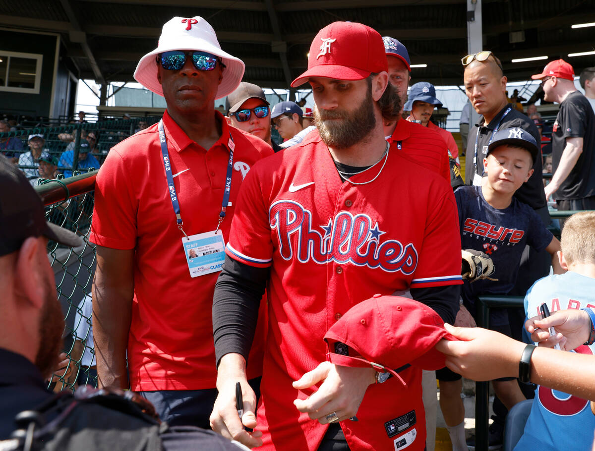 Las Vegas natives Bryce Harper of the Phillies arrives at Howard J. Lamade Stadium to sign auto ...