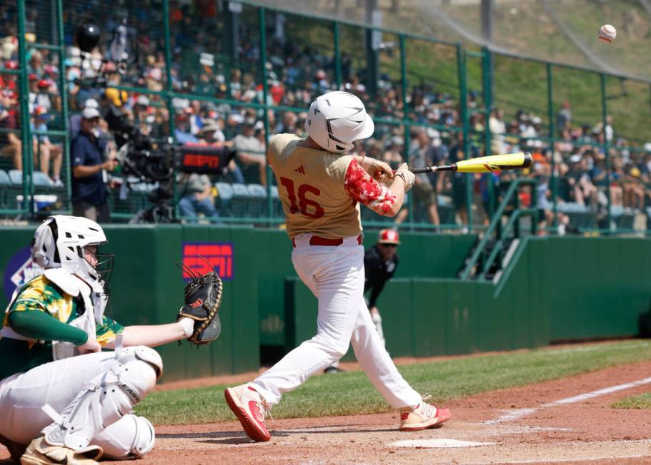 The Henderson All-Stars third baseman Logan Levasseur connects against Fargo, North Dakota duri ...