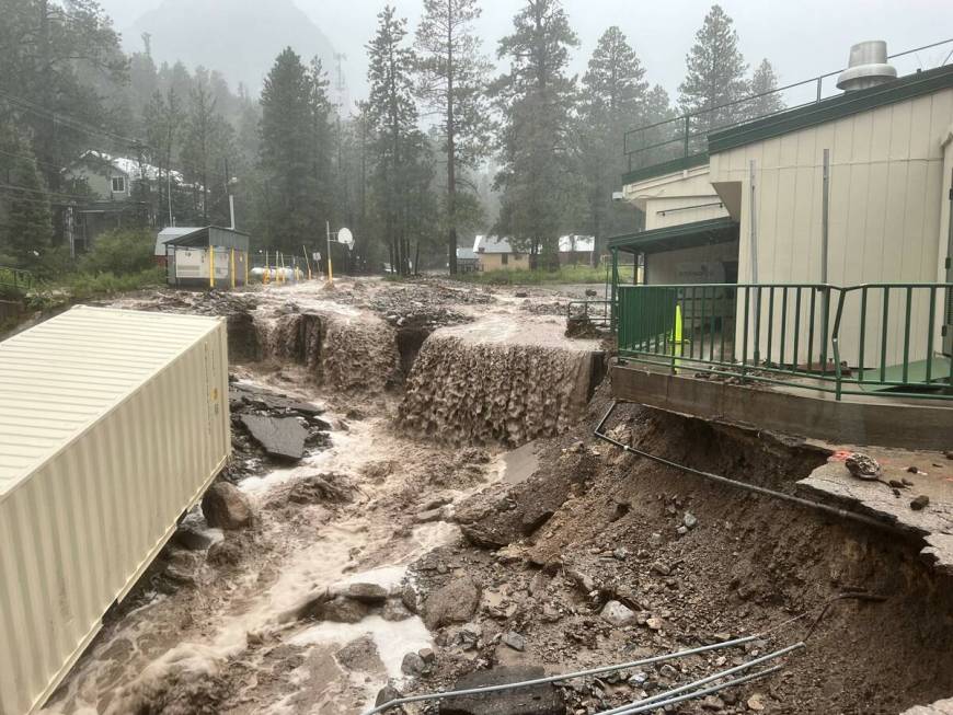 Flood damage in Mount Charleston following tropical storm Hilary on Monday, Aug. 21, 2023. (Mou ...