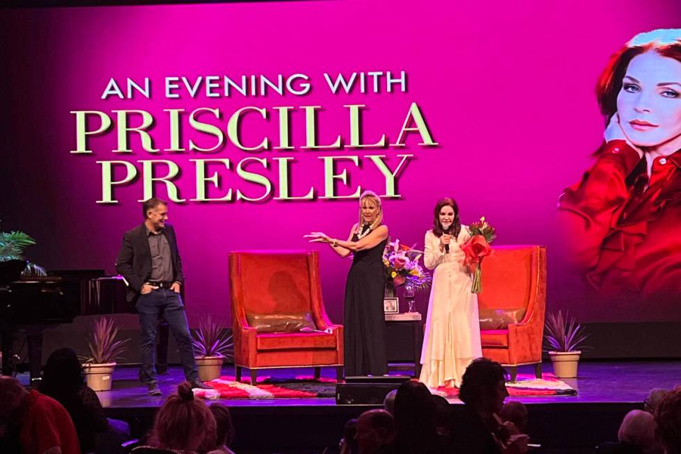 Priscilla Presley, right, is shown with South Point entertainment director Michael Libonati and ...