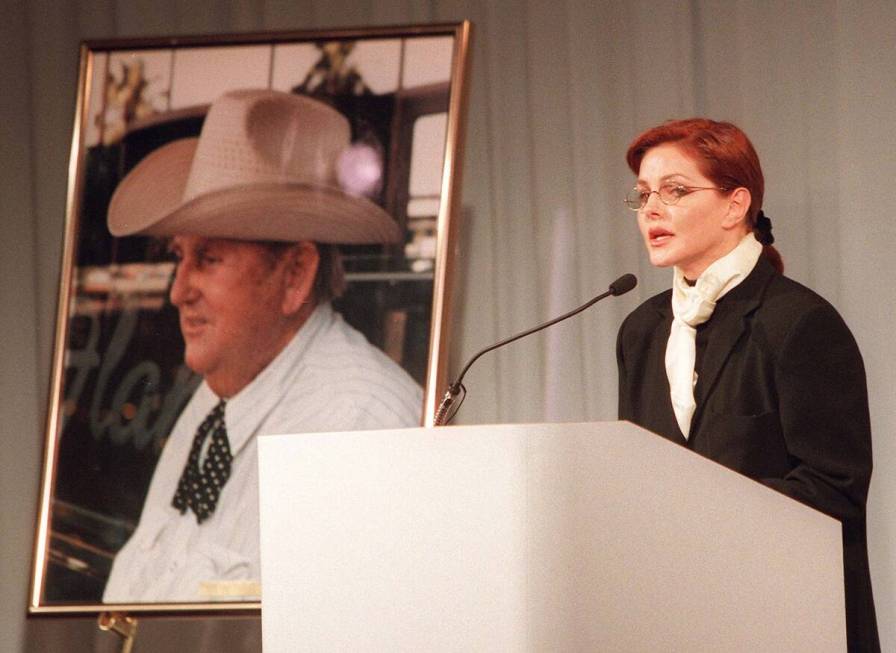 Priscilla Presley speaks at the memorial service for Colonel Tom Parker at the Las Vegas Hilton ...