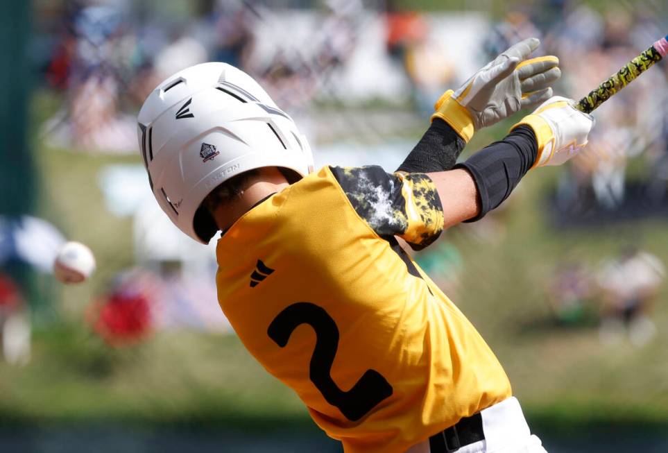 Nolensville, Tennessee, outfielder Jace Baney connects against Seattle, Washington, during the ...