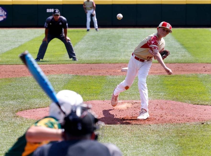 The Henderson All-Stars pitcher Jaxson McMullin delivers a pitch against Fargo, North Dakota, d ...