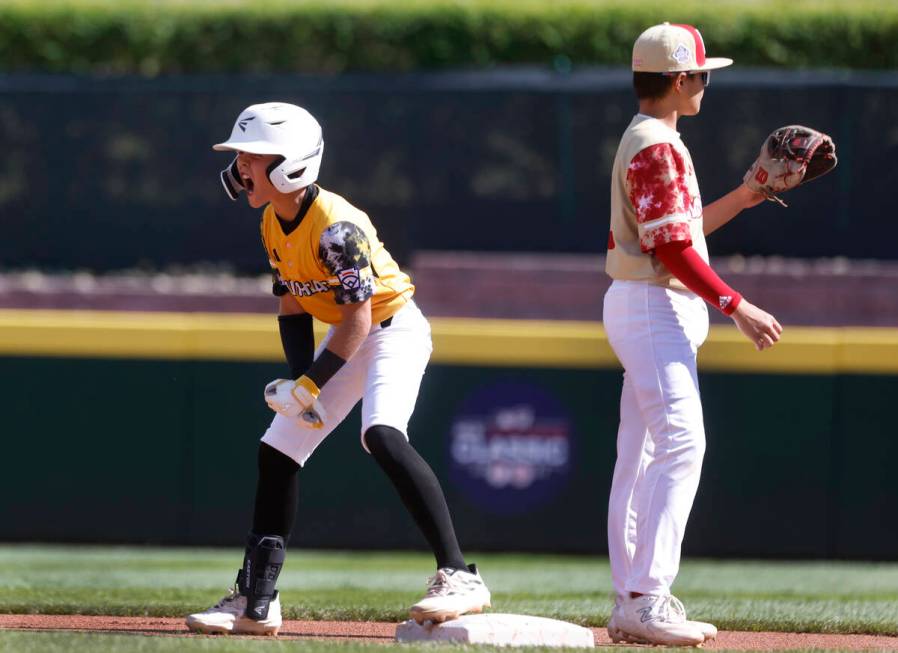 Nolensville, Tennessee, outfielder Jace Barney reacts after hitting a double during the Little ...