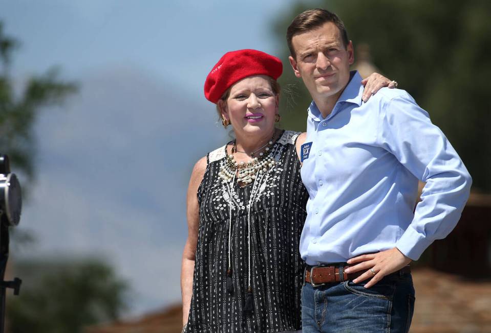 Adam Laxalt and his mother, Michelle, look out over the crowd at the Basque Fry in Gardnerville ...