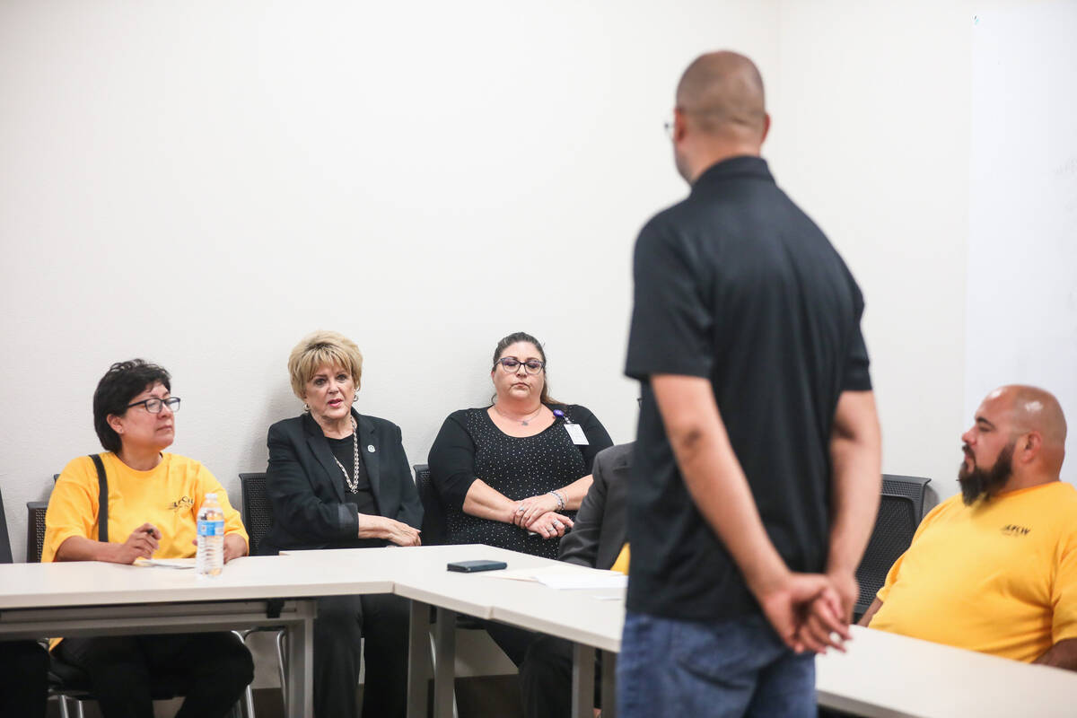 Las Vegas Mayor Carolyn Goodman asks Nevada Attorney General Aaron Ford a question at a listeni ...