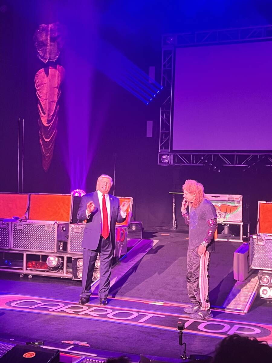 John Di Domenico as Donald Trump is shown with Carrot Top at Luxor's Atrium Showroom on Monday, ...