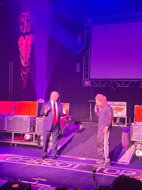 John Di Domenico as Donald Trump is shown with Carrot Top at Luxor's Atrium Showroom on Monday, ...