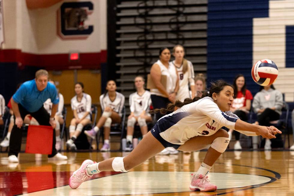 Coronado’s Daniella Planeta (3) dives for the ball during a high school volleyball game ...