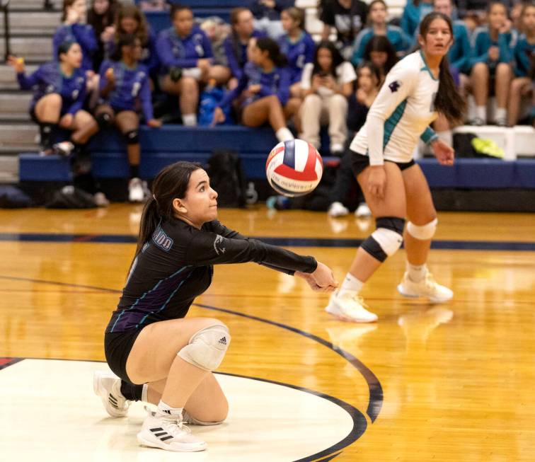 Silverado’s Elisa Baltierrez (5) lunges to bump during a high school volleyball game aga ...