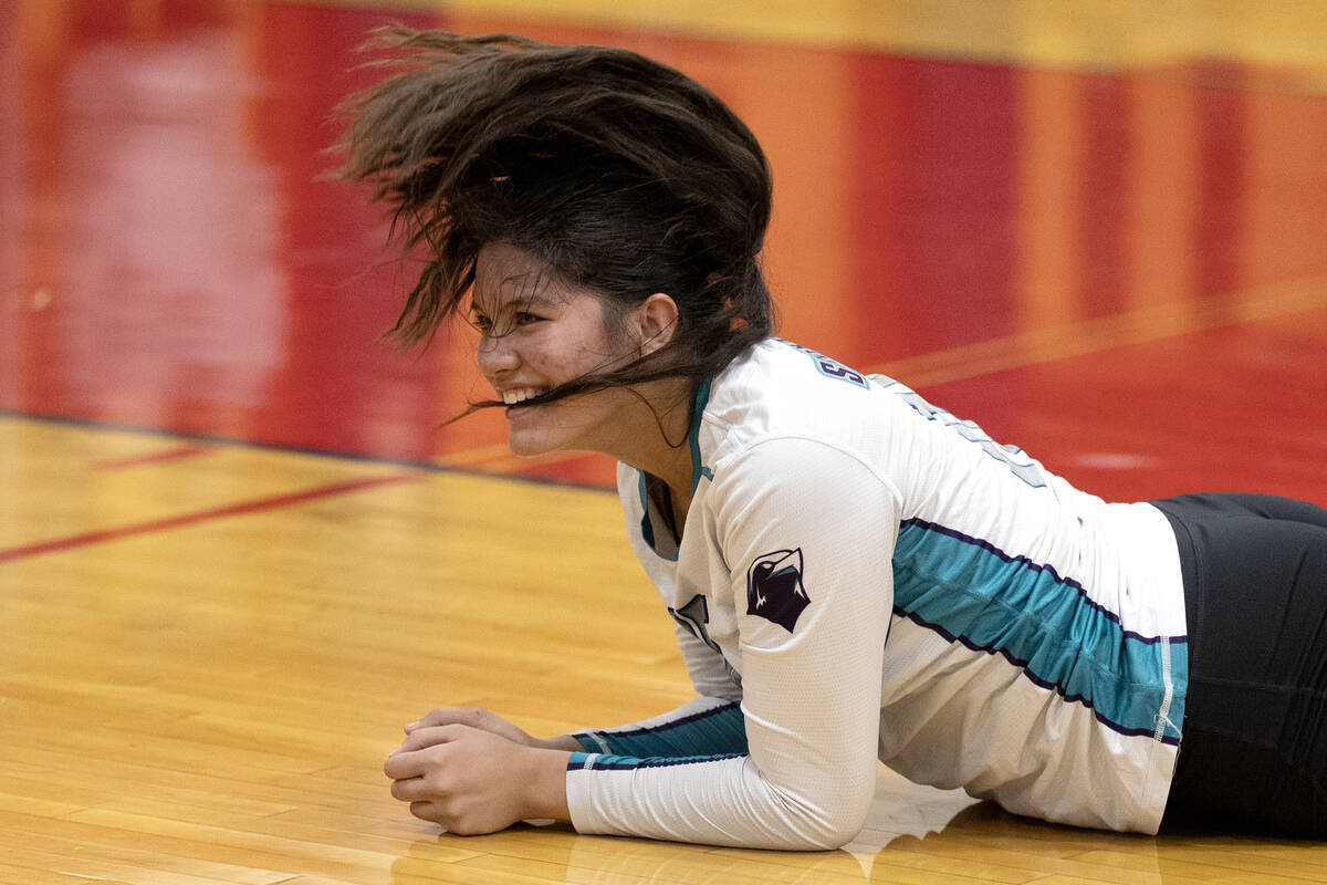 Silverado’s Kalia Roberts reacts after missing the ball when diving during a high school ...