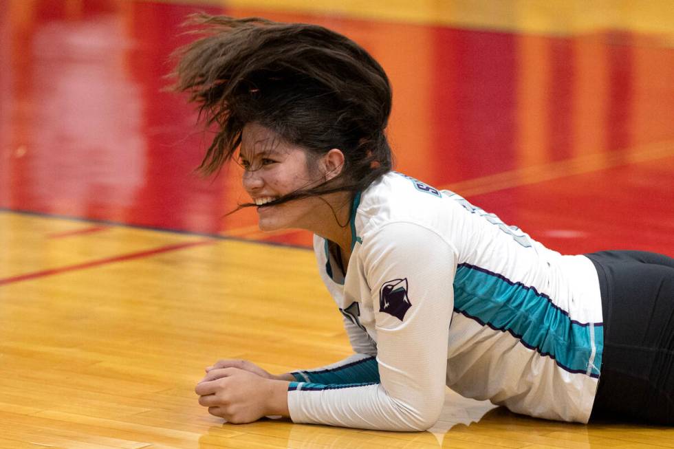Silverado’s Kalia Roberts reacts after missing the ball when diving during a high school ...