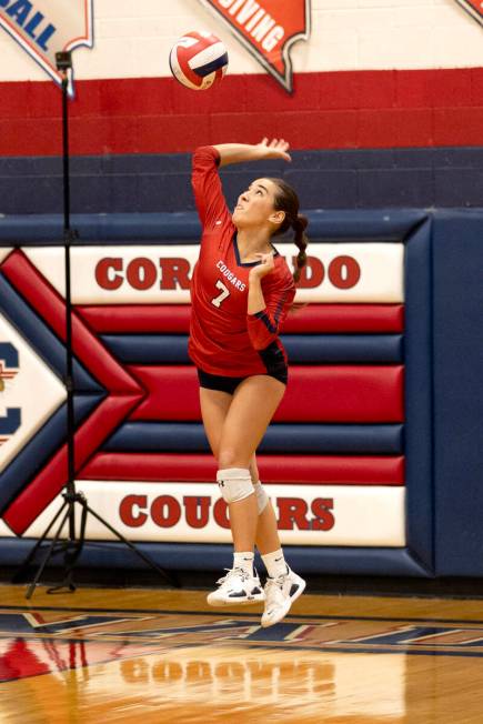 Coronado’s Tova Craig (7) serves to Silverado during a high school volleyball game at Co ...