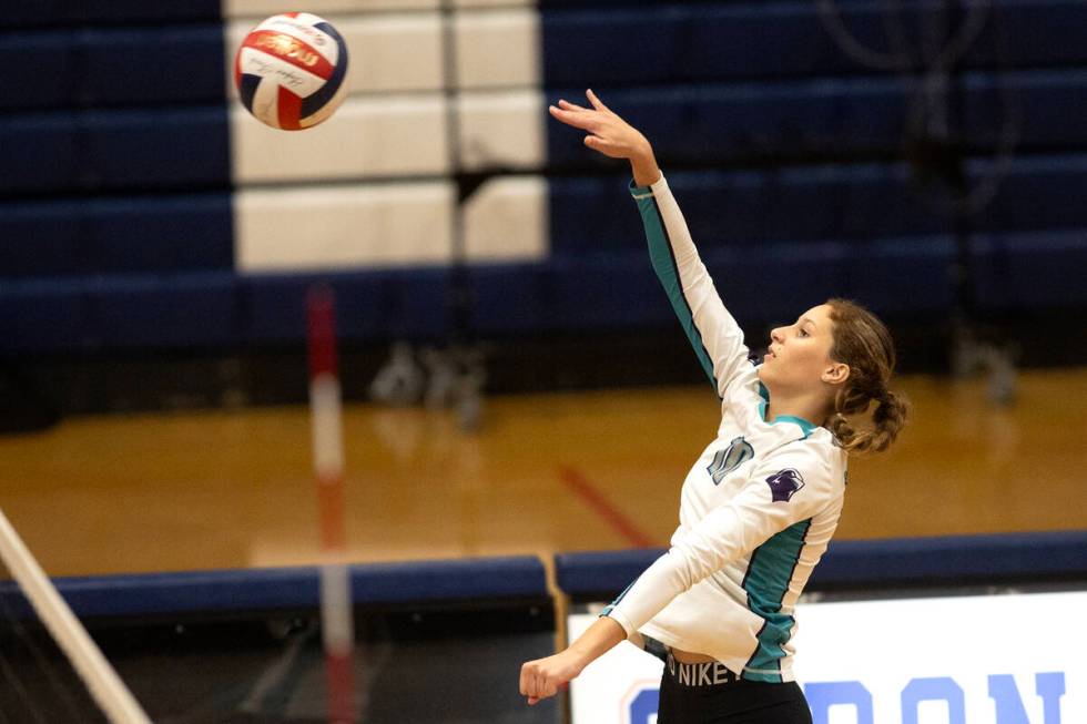 Silverado’s Lauryn Allen spikes to Coronado during a high school volleyball game at Coro ...