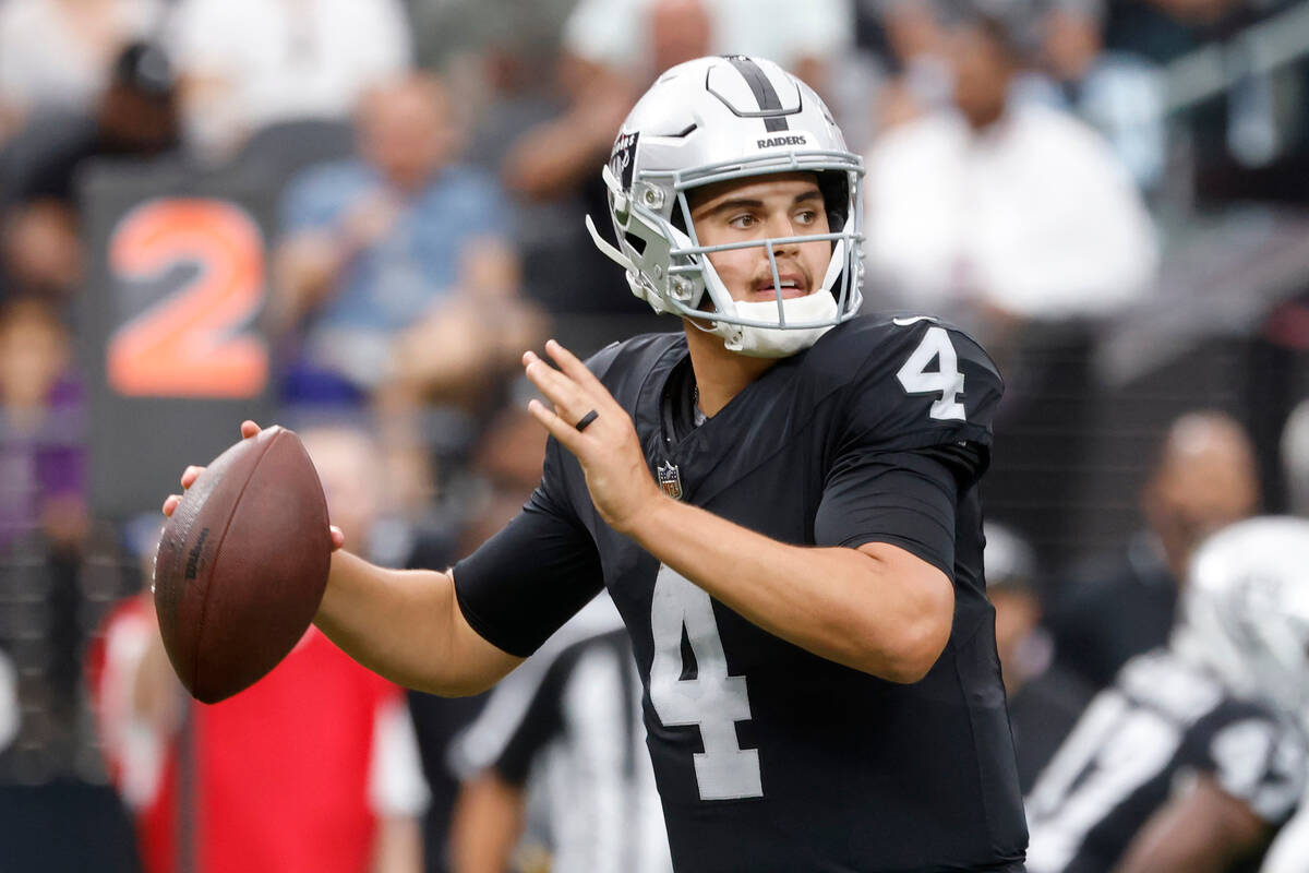 Raiders quarterback Aidan O'Connell (4) throws a pass during the second half of an NFL preseaso ...