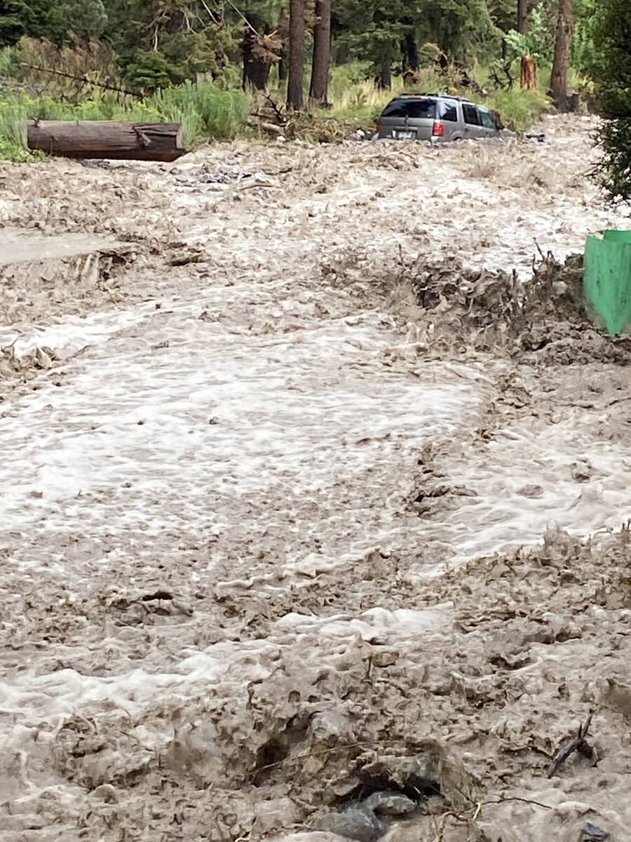 Heavy storm runoff at the Echo subdivision on Mount Charleston on Monday, Aug. 21, 2023. (Brend ...