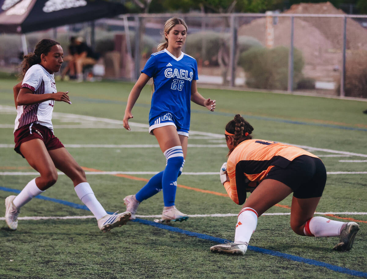 Bishop Gorman goalkeeper Valentina Moore (0) makes a save during a game against Faith Lutheran ...