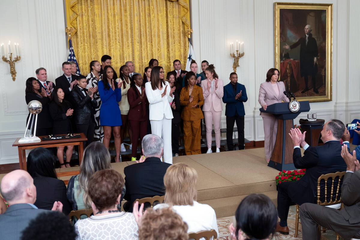 Vice President Kamala Harris, is applauded as she speaks during a ceremony in the East Room wel ...