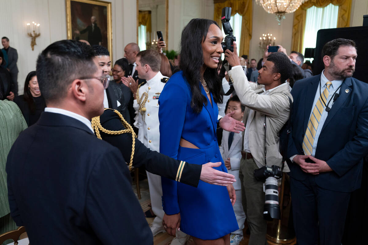 Las Vegas Aces forward A'ja Wilson leaves the East Room following a ceremony hosted by Vice Pre ...