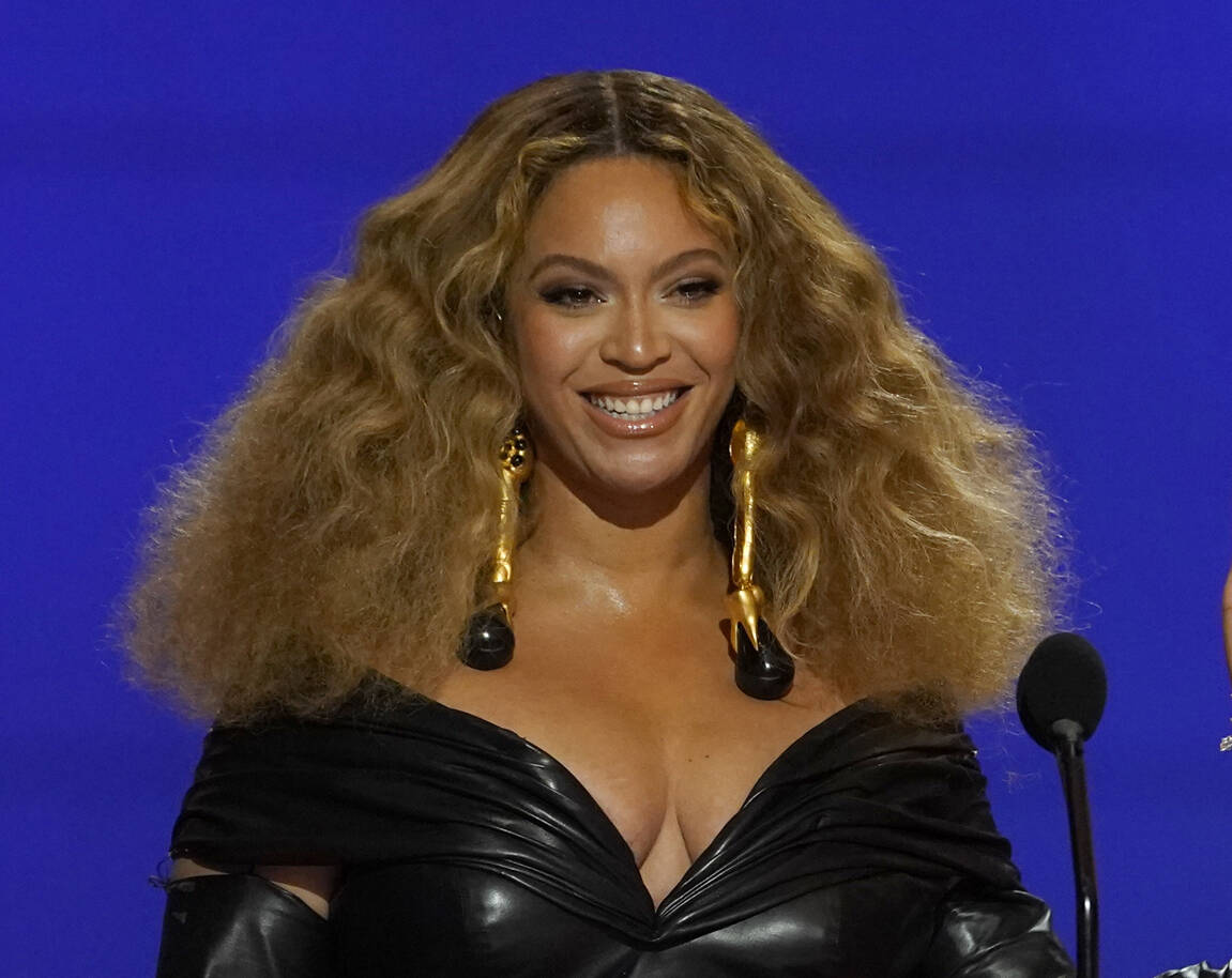 FILE - Beyoncé appears at the 63rd annual Grammy Awards in Los Angeles on March 14, 2021. (AP ...