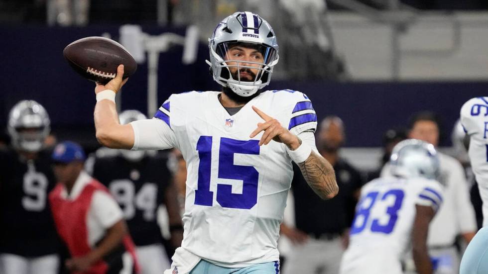 Dallas Cowboys quarterback Will Grier throws a pass in the first half of a preseason NFL footba ...