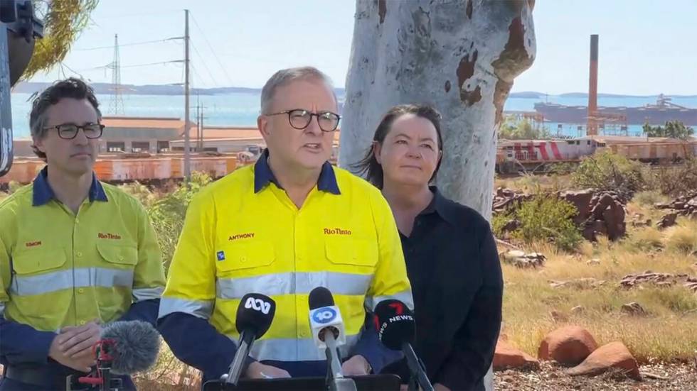 In this image made from video, Australian Prime Minister Anthony Albanese, center, speaks to th ...