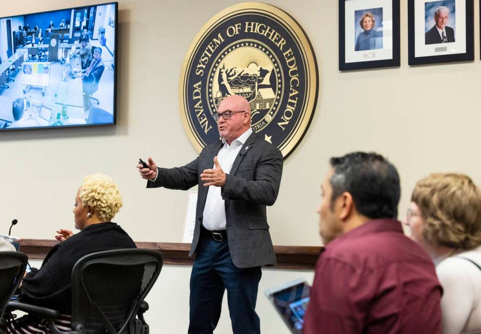 Byron Brooks, chairman of the state's Board of Regents, speaks during the Nevada System of High ...