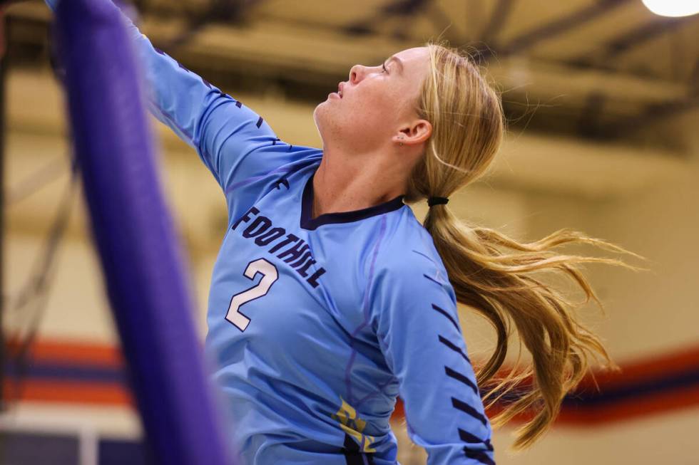 Foothill’s Reagan Ralph (2) jumps to block the net during a volleyball game between Foot ...