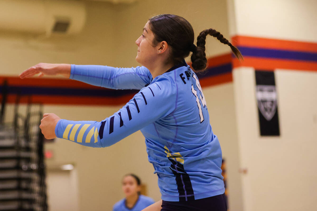 Foothill’s Siena Novak (14) spikes the ball during a volleyball game between Foothill Hi ...