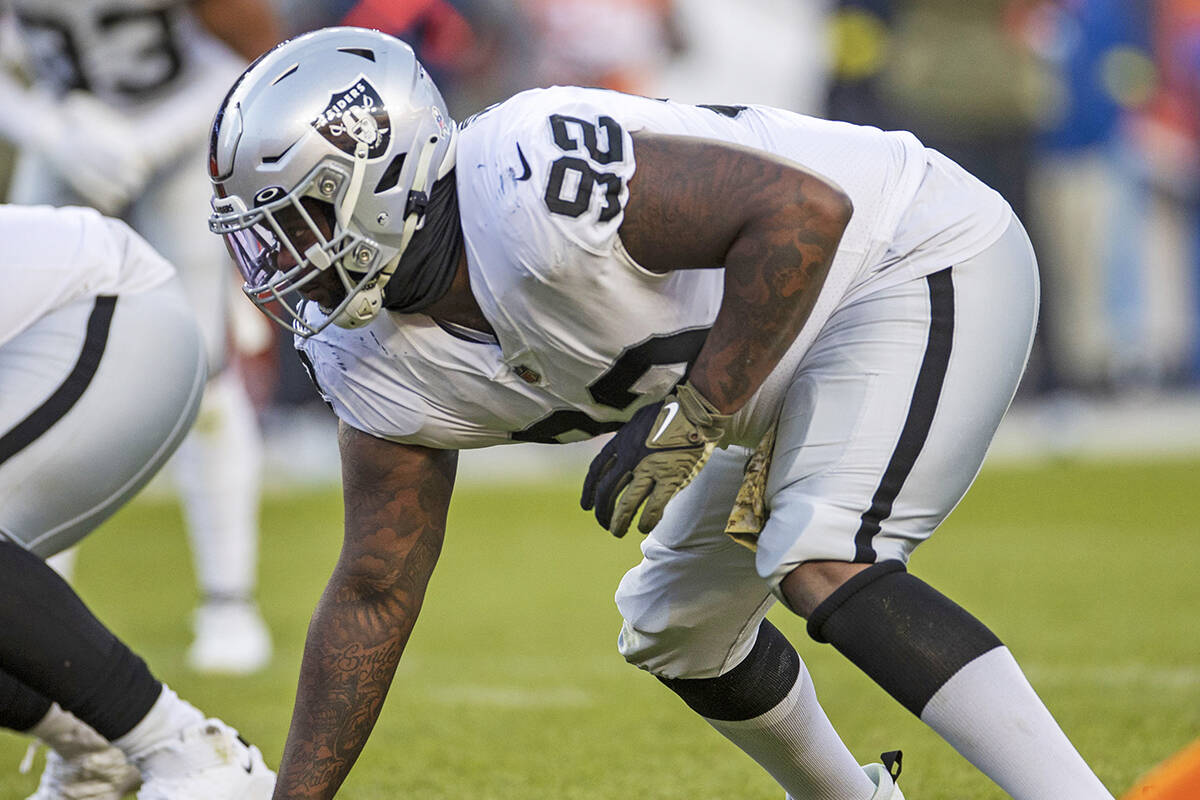 Raiders defensive tackle Neil Farrell Jr. (92) lines up during the second half of an NFL game a ...